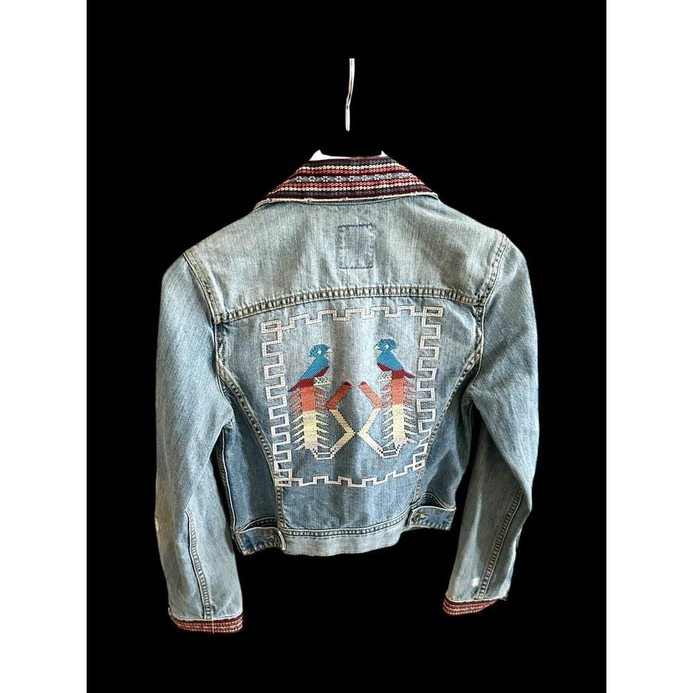 Lucky Brand Womens‎ Denim Aztec Distressed Jean Cropped Jacket Sz XS Blue